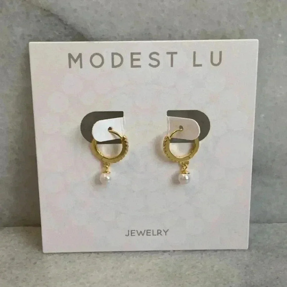 Modest Lu Jewelry - Gold Pearl Dangle Huggie Hoop Crystal Paved Earrings